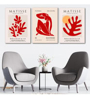 Henri Matisse 3'lü Kanvas Tablo Seti - Kırmızı Soyut Yaprak Ve Figör Tasarımlı Modern Duvar Tablosu Seti