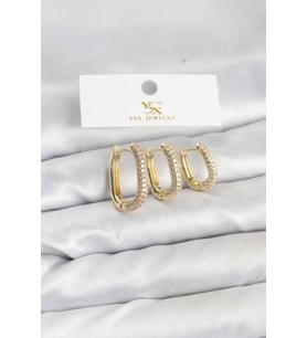 Pirinç Gold Renk Zirkon Taşlı Halka Model YSX Trio Küpe Seti TJ-BKP11570