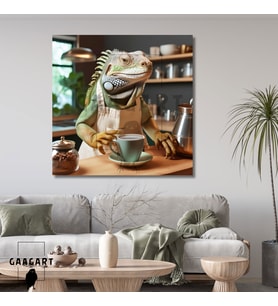 Kare Kanvas Kahve Köşesi Cafe Tablosu Barista Yeşil İguana