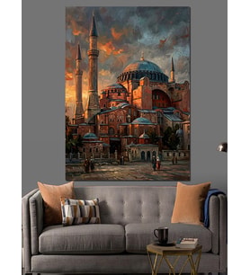 Gün Batımında Cami Dekoratif Kanvas - Mdf Ahşap Tablo