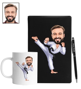 Kişiye Özel Karateci Tasarımlı Karikatür Siyah Defter Kalem Kupa Seti 70