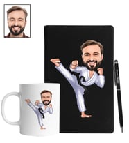 Kişiye Özel Karateci Tasarımlı Karikatür Siyah Defter Kalem Kupa Seti 70