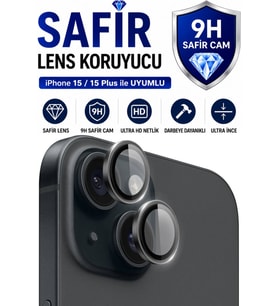 iPhone 15 / 15 Plus Siyah Metal Kamera Lens Koruyucu Safir Cam Ultra Net HD