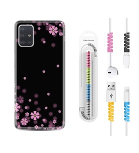 Samsung a71 A72 A73 A7 A9 2018 C7 C9 Kılıf Kablo Koruma Spiral Silikon Black flowers 1391