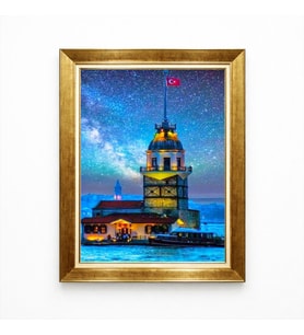 Tablore Altın Çerçeveli Kız Kulesi Yıldızlı Gece Manzaralı Tablo İstanbul Duvar Dekoru