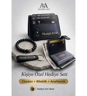 AYLEEN AYZ Kişiye Özel İsimli Erkek Cüzdan Kartlık Seti – Deri Cüzdan Oniks Doğal Taş Bileklik ve Anahtarlık Hediye Seti (Siyah)