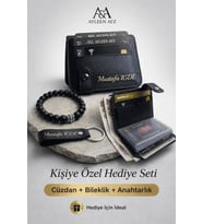 AYLEEN AYZ Kişiye Özel İsimli Erkek Cüzdan Kartlık Seti – Deri Cüzdan Oniks Doğal Taş Bileklik ve Anahtarlık Hediye Seti (Siyah)