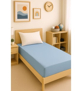 120 x 200 x 30 cm Düz Pamuklu Tek Kişilik Lastikli Fitted Penye Çarşaf (Mavi)