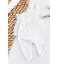 Güpürlü Ponpon Bandanalı Kız Bebek Tulum Takım (Krem)