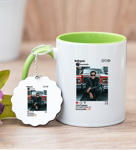 Kişiye Özel İnstagram Tasarım Fotoğraflı Yeşil Kupa Bardak ve Anahtarlık