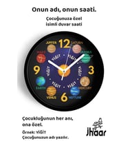 İsme Özel Güneş ve Gezegenler Çocuk Odası Duvar Saati Orta Boy 30 cm Siyah Camlı Sessiz