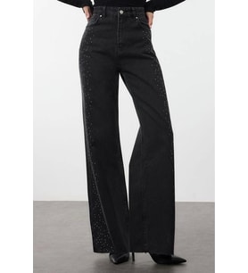 Stil Kadın Moda Denim Kot Pantolon Uzun Geniş Paça Taşlı Yüksek Bel Jeans (Siyah)