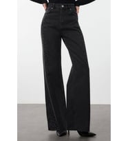 Stil Kadın Moda Denim Kot Pantolon Uzun Geniş Paça Taşlı Yüksek Bel Jeans (Siyah)