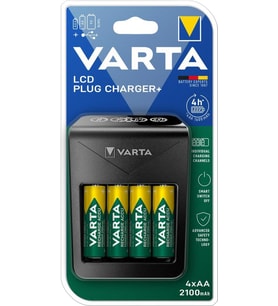 Şarj cihazı, 4 x AA 2100 mAh dahil, şarj edilebilir AA/AAA/9V ve USB cihazlar için, LCD Plug Charger+, tek yuvalı şarj, siyah