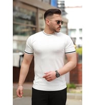 Erkek Bisiklet Yaka çizgi Desenli Ribanalı Kısa Kollu Tshirt (Beyaz)