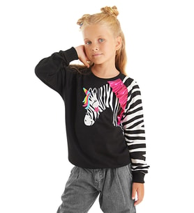 Fırfırlı Zebra Kız Çocuk Siyah Sweatshirt