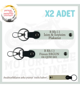 Biker Stiline Uygun İsim Plaka ve B - Kan Grubu Yazılı Acil Durum x2 Deri Anahtarlık Seti, Beyaz-SK