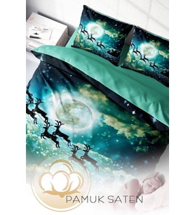 Yılbaşı Çift Kişilik Nevresim ( Lastikli Çarşaflı ) %100 Pamuk Saten Deer