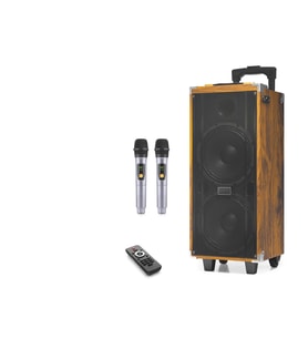 Çift Karaoke Mikrofonlu Bluetooth Hoparlör Fm Radyo 50W 2x8 İnç Rgb Kumandalı Ahşap JBR8808