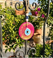 El Yapımı Hediyelik Cam Nazar Boncuğu, Simli, İpli, Pembe 11 Cm Duvar Süsü (Pembe)