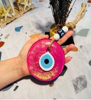 El Yapımı Hediyelik Cam Nazar Boncuğu, Simli, İpli, Pembe 11 Cm Duvar Süsü (Pembe)