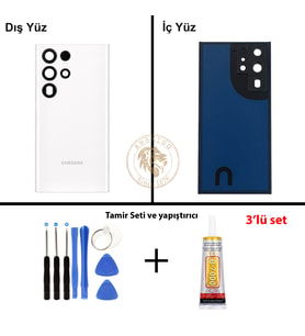 Samsung S22 Ultra Beyaz Arka Pil Kapağı Batarya Kapağı Lazer Kesim + Yapıştırıcı ve Vida Seti