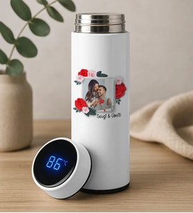 BK Gift Fotoğraflı Filtreli Dijital Göstergeli Beyaz Çelik Termos-1, Arkadaşa Hediye, Sevgiliye Hediye, Yeni İş Hediyesi