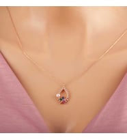 Gümüş Rose Renkli Taşlı Çiçekli Kadın Kolye