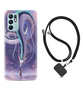 Oppo Reno 6 Kılıf Silikon Boyun Askılı İpli Desenli Silikon Kız ve Ejderha 1742