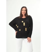 Kadın Gold Taşlı Yuvarlak Yaka Reglan Kol Siyah Bluz
