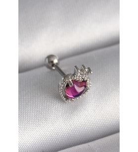 316L Çelik Gümüş Renk Pembe Mineli Kalp Zirkon Taş Detaylı Taç Tragus Piercing TJ-PR1263