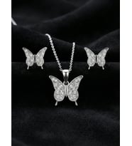 925 Ayar Gümüş Rodyum Kaplama Zirkon Taşlı Minimal Kelebek Kolye-Küpe 2'li Set
