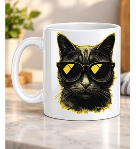 Güneş Gözlüklü Neon Kara Kedi Desenli Kedi Severlere Hediye Porselen Kupa Bardak