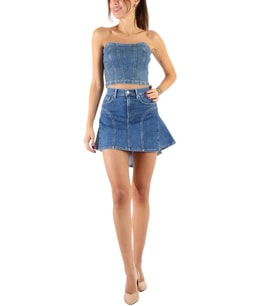 Denim Mini Volanlı Etek