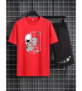 AMOR MAN ÖZEL TASARIM KURU KAFA GÜL BASKILI OVERSİZE SOKAK STİLİ ERKEK T-SHIRT ŞORT TAKIMI (Kırmızı)