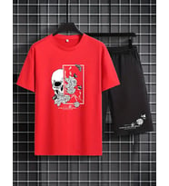 AMOR MAN ÖZEL TASARIM KURU KAFA GÜL BASKILI OVERSİZE SOKAK STİLİ ERKEK T-SHIRT ŞORT TAKIMI (Kırmızı)