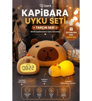 Kapibara Uyku Seti Çocuk Hediye Seti Şarjlı Kapibara Dijital Saat Alarm Saat Şarjlı Silikon Gece Lambası Peluş Yastık 3'lü Set Tarçın Seri