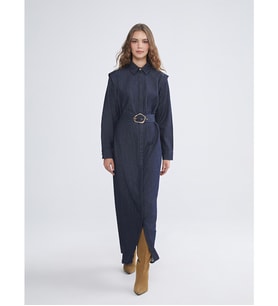 LCW Modest İndigo Gömlek Yaka Kemerli Jean Elbise