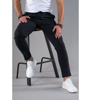 SLİMFİT DAR PAÇA BELİ İPLİKLİ DOKULU KIŞLIK KUMAŞ PANTOLON (Siyah)