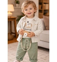 Araba Baskılı Müslin Kumaş Erkek Bebek Üçlü Takım Set Babyhola 2215 (Yeşil)