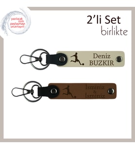 Futbol Desenli Erkek Sevgiliye Özel Hediye, 2’li Deri Anahtarlık Seti, Sütlü Kahve-Açık Kahve