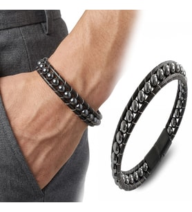 Moncuk Design 6mm Hematit Taşlı Deri Kordon ve Çelik Erkek Bileklik 33512B2D6M3