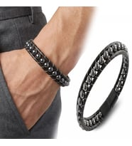 Moncuk Design 6mm Hematit Taşlı Deri Kordon ve Çelik Erkek Bileklik 33512B2D6M3
