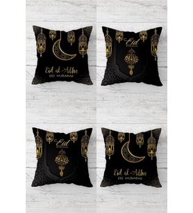 Ramazan Hilal Fener Eid Mübarak Gizli Fermuarlı Kırlent Kılıfı Koltuk Yastık Kılıfı Takım(4adet) (Gold)