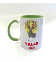 Mutlu Yıllar 2024 Geyik Baskılı Yeşil Kulplu İçi Yeşil Yılbaşı Kupası