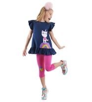Unicorn Kedi Kız Çocuk T-shirt Tayt Takım (Pembe-Mavi)