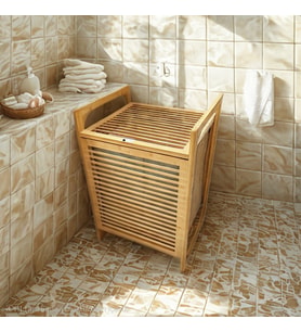 AHŞAP BAMBU KİRLİ ÇAMAŞIR SEPET KUMAŞ ÇANTALI SEPET=40X35X60CM (5680)