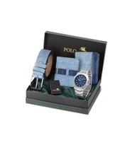 Polo Air Erkek Kol Saati Kemer Cüzdan Kartlık Çakmak Hediyelik Kutusunda Gümüş Lacivert Set PL-7071E2 (Lacivert-Gumus)