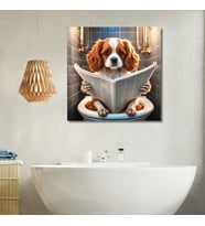 Tekli Kare Kanvas Banyo Tablosu Gazete Okuyan Sevimli King Charles