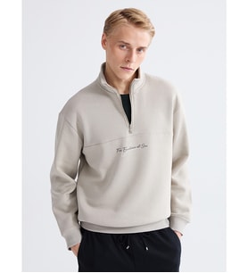 LCW Vision Bej Dik Yaka Baskılı Erkek Kalın Sweatshirt